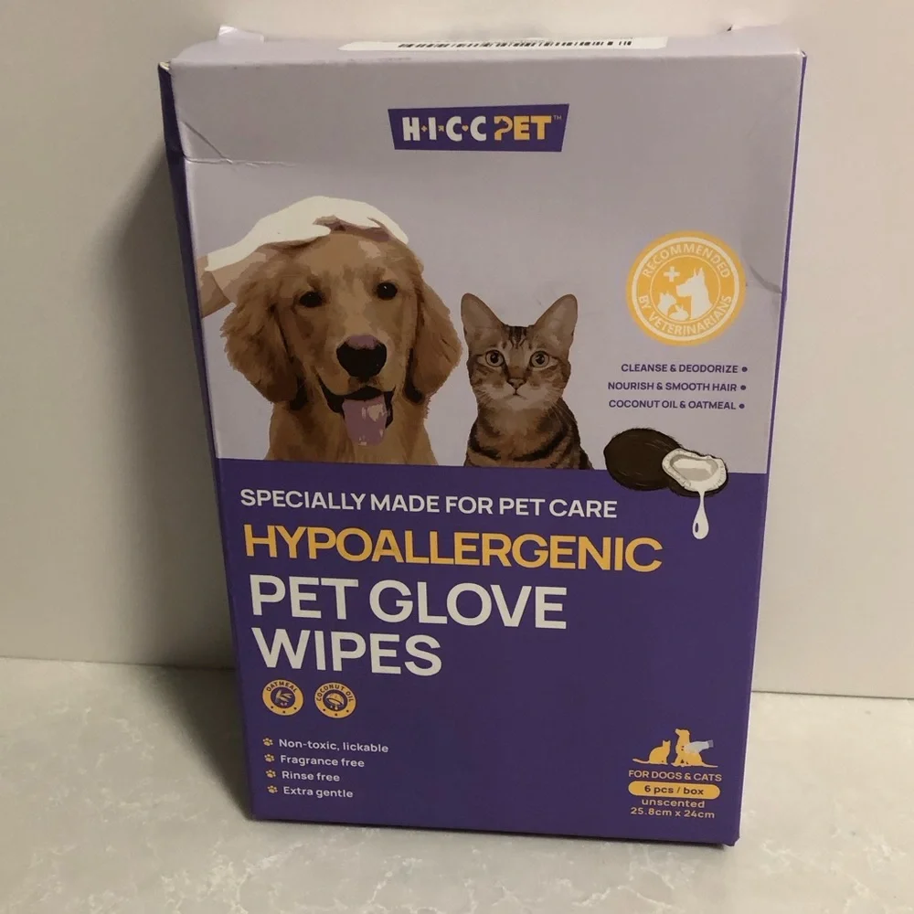 NWOT H.I.C.C Pet Hypoallergenic Pet Glove Wipes. Dogs or cats. 6 pcs. Unscented